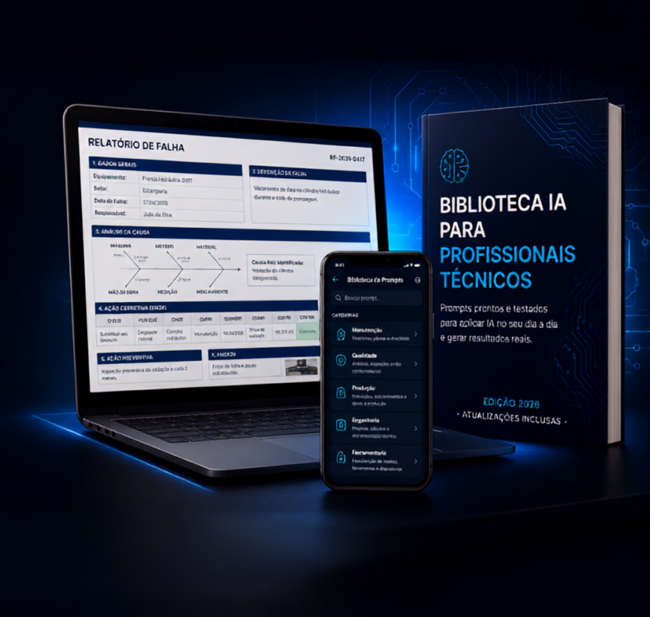 Guia Prático de IA para Profissionais Técnicos - Mockup Notebook, Celular e Livro